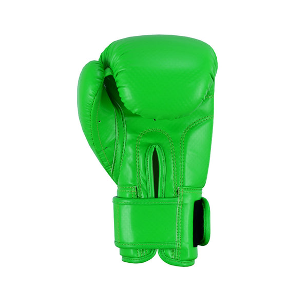 The PRE ORDER: Essentials Kids Boxing Glove - Green by SMAI features wrist support and a secure strap, shown upright against a plain white background.