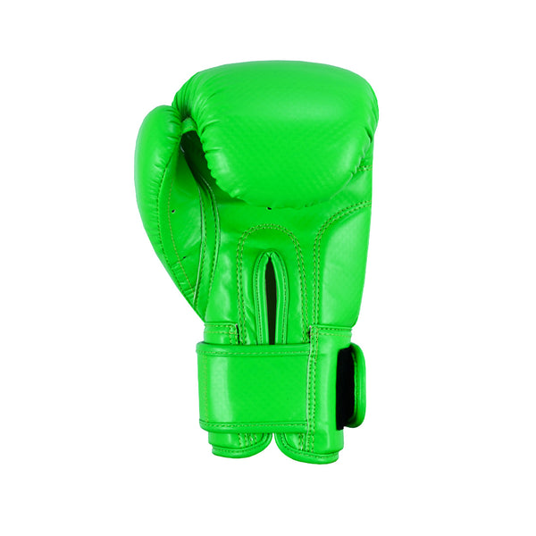 The SMAI Essentials Kids Boxing Glove - Green stands upright with its Velcro strap visible against a plain white background.