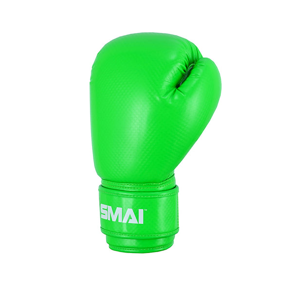 The Essentials Kids Boxing Glove - Green by SMAI is shown against a plain white background, featuring the brand name in white on the wrist strap.