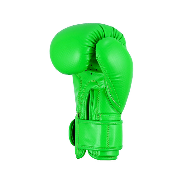 The SMAI Essentials Kids Boxing Glove in bright green is displayed upright against a plain white background, featuring a secured wrist strap for added safety.