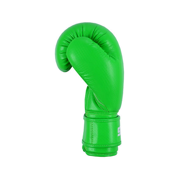 The SMAI PRE ORDER: Essentials Kids Boxing Glove - Green features a smooth, shiny finish and wrist support, shown against a plain white background.
