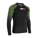 The SMAI Long Sleeve Rash Guard - Olive Green features a black body with dark green sleeves and the SMAI logo on the chest—ideal for no-gi grappling or as a compression shirt during intense training.
