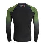 The SMAI Long Sleeve Rash Guard - Olive Green features a black back, green gradient sleeves, and the SMAI logo at the upper center—perfect as a no-gi grappling top or compression shirt.