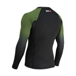 The SMAI Long Sleeve Rash Guard - Olive Green features black fabric on the back and lower sleeves, green on the shoulders and upper sleeves, plus the "SMAI" logo below the collar. Ideal for no-gi BJJ grappling.