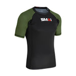 The SMAI Short Sleeve Rash Guard - Olive Green features a black body with olive green sleeves and showcases the white and red "SMAI" logo on the chest.