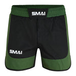 SMAI MMA Grappling Shorts - Black/Olive Green feature an elastic waistband, velcro front closure, stretch fabric gusset, and white “SMAI” logos on the waistband and lower left leg.