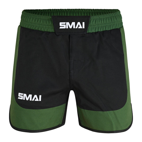 SMAI MMA Grappling Shorts - Black/Olive Green feature an elastic waistband, velcro front closure, stretch fabric gusset, and white “SMAI” logos on the waistband and lower left leg.