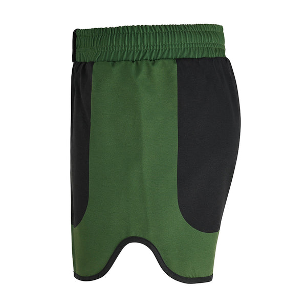 Experience comfort and performance with SMAI MMA Grappling Shorts - Black / Olive Green, featuring a green elastic waistband, olive center panel, black side panels, and durable polycotton construction.