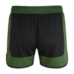 The SMAI MMA Grappling Shorts - Black / Olive Green feature a green elastic waistband, black fabric with olive green side accents and lower hem, plus a stretch gusset for enhanced movement.