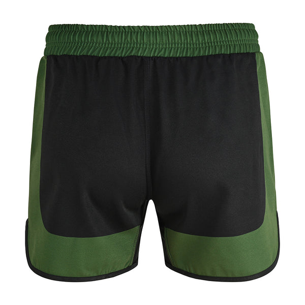 The SMAI MMA Grappling Shorts - Black / Olive Green feature a green elastic waistband, black fabric with olive green side accents and lower hem, plus a stretch gusset for enhanced movement.