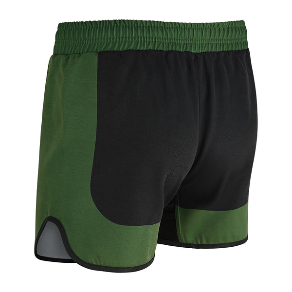 The SMAI MMA Grappling Shorts - Black / Olive Green feature an elastic waistband, stretch gusset, and side slits for mobility. Made from lightweight polycotton, they're ideal for sports or exercise with a stylish color block design.
