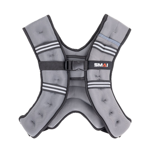 The SMAI Weighted Ruck Vest - Grey features black trim, an adjustable buckle, padded sections, and the SMAI logo on the front. Laid flat on a white background, it’s ideal for rucking or strength training routines.