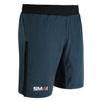 SMAI Hybrid MMA Grappling Shorts in black and grey with a black elastic waistband, vertical side detailing, and the SMAI logo on the lower left leg. Ideal as fight shorts for MMA training or grappling.
