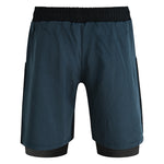 The SMAI Hybrid MMA Grappling Shorts in black and grey feature a black elastic waistband, visible inner compression lining at the hem, side panels, and are made from lightweight, breathable fabric for top performance.