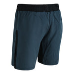 The SMAI Hybrid MMA Grappling Shorts in black and grey feature an elastic black waistband and a black vertical zipper pocket on the right side, shown from the back.
