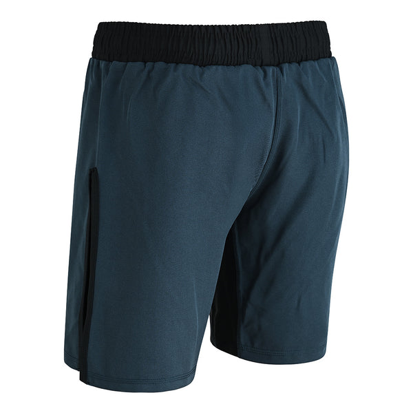 The SMAI Hybrid MMA Grappling Shorts in black and grey feature an elastic black waistband and a black vertical zipper pocket on the right side, shown from the back.
