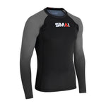 The SMAI Long Sleeve Rash Guard - Grey features a black torso, dark grey sleeves, and the SMAI logo in white and red on the chest. With its fitted design, it's ideal for no-gi grappling or MMA training sessions.