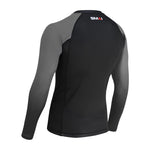 The SMAI Long Sleeve Rash Guard - Grey features a black body, grey sleeves, and the white and red "SMAI" logo near the neck on the back—ideal for no-gi grappling.