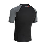 The SMAI Short Sleeve Rash Guard - Grey features black on the back, gray sleeves, and a red and white "SMAI" logo on the upper back. Ideal for no-gi grappling, it's displayed against a plain white background.