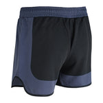 The SMAI MMA Grappling Shorts - Black / Grey feature a black back panel, grey side and lower leg panels, elastic waistband, stretch gusset, and a curved hem for comfort and ease of movement.