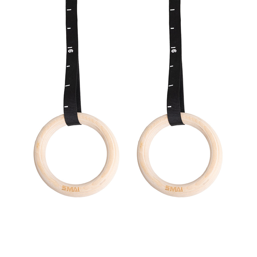 The SMAI Wooden Gym Rings with Numbered Straps feature wooden rings, black straps with white markings, and secure aluminium clamps, displayed against a white background.