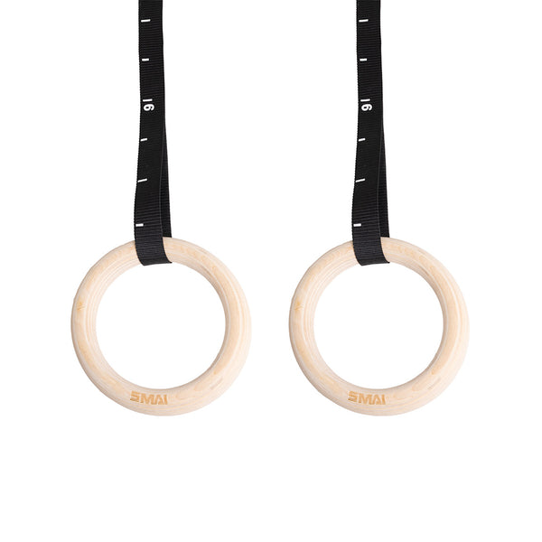 The SMAI Wooden Gym Rings with Numbered Straps feature wooden rings, black straps with white markings, and secure aluminium clamps, displayed against a white background.