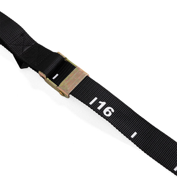 A close-up of SMAI Wooden Gym Rings with Numbered Straps, showing a textured black strap with metal cam buckle and white “116” marking—perfect for gym rings or as an aluminium clamp alternative on a white background.