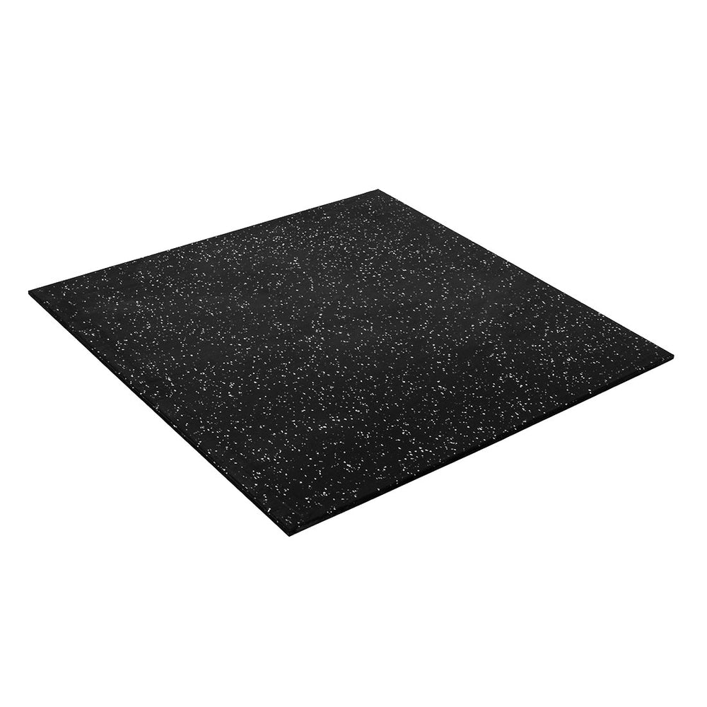The SMAI Rubber Gym Flooring Tile - 15mm - White Fleck is a square black rubber tile with small white flecks, displayed on a white background, combining style and durability for your gym flooring needs.