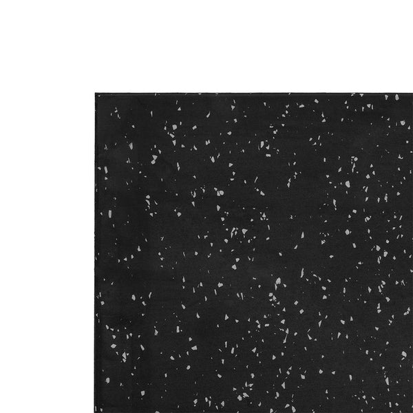 A rectangular section of black material with subtle grey flecks scattered across its surface, resembling terrazzo flooring—similar to the SMAI Rubber Gym Flooring Tile (15mm, Grey Fleck) often used as non-slip rubber gym flooring.