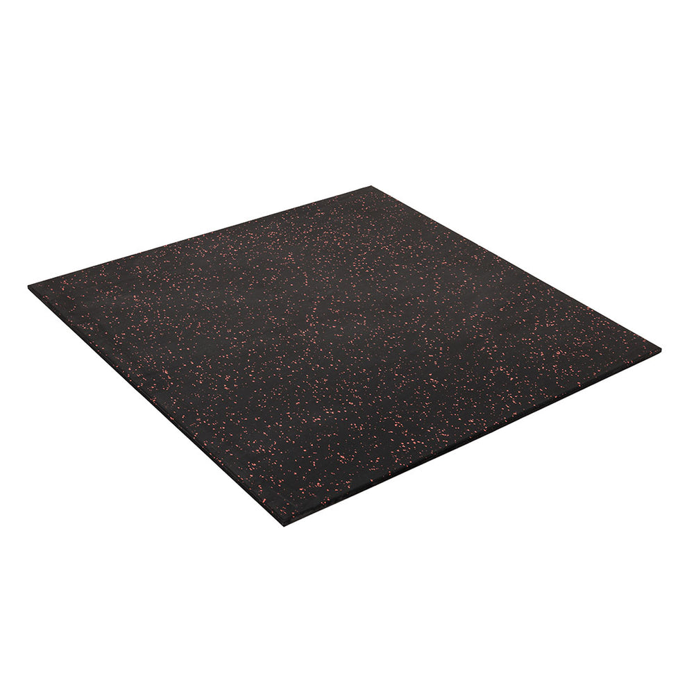 The SMAI Rubber Gym Flooring Tile - 15mm - Red Fleck is a square, black tile with red speckles, ideal for durable gym flooring and non-slip performance.