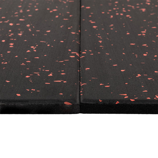 Two SMAI Rubber Gym Flooring Tiles (15mm, Red Fleck) are placed side by side on a white background, showcasing their textured black surface with red flecks and aligned edges—ideal for durable gym flooring.