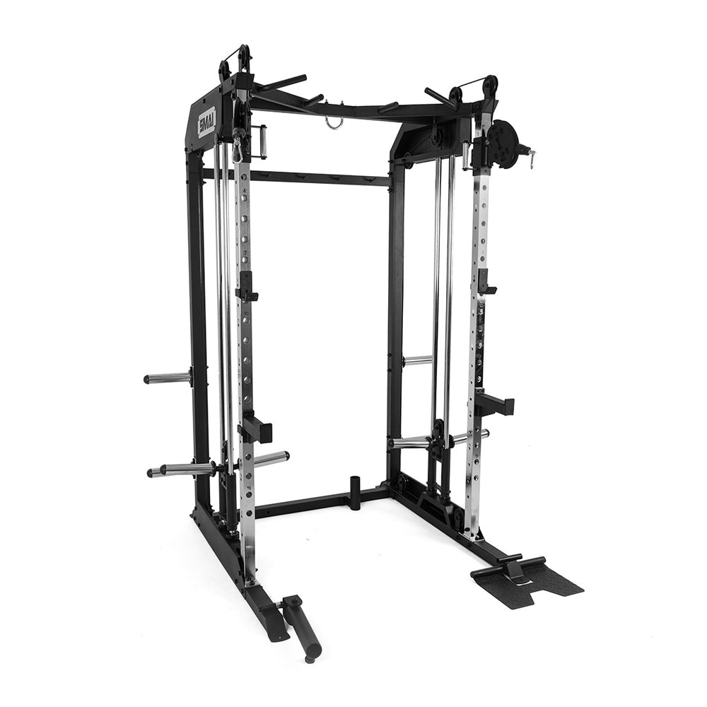 The SMAI All-In-One Home Gym Trainer - Plate Loaded (Demo Stock) is a black and silver strength machine with Smith bar, pull-up bar, and adjustable plate holders. Its all-in-1 design stands out against a white background.