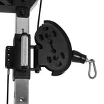 Close-up of a black adjustable pulley mechanism on the SMAI All-In-One Home Gym Trainer - Plate Loaded (Demo Stock), featuring a cable running through and a carabiner clip attached at the end.