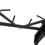 The SMAI All-In-One Home Gym Trainer - Plate Loaded (Demo Stock) features a black metal pull-up bar with multiple grips and a central metal ring for attachments, mounted on the home gym. Shown on a white background.