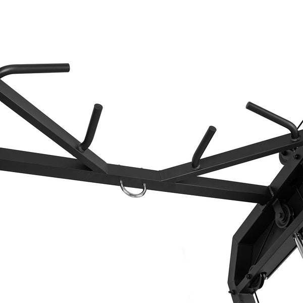 The SMAI All-In-One Home Gym Trainer - Plate Loaded (Demo Stock) features a black metal pull-up bar with multiple grips and a central metal ring for attachments, mounted on the home gym. Shown on a white background.