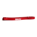 A red resistance band from the "Light Recovery & Stretch Pack" by SMAI is displayed on a pristine white background, ideal for glute toning and versatile workouts.