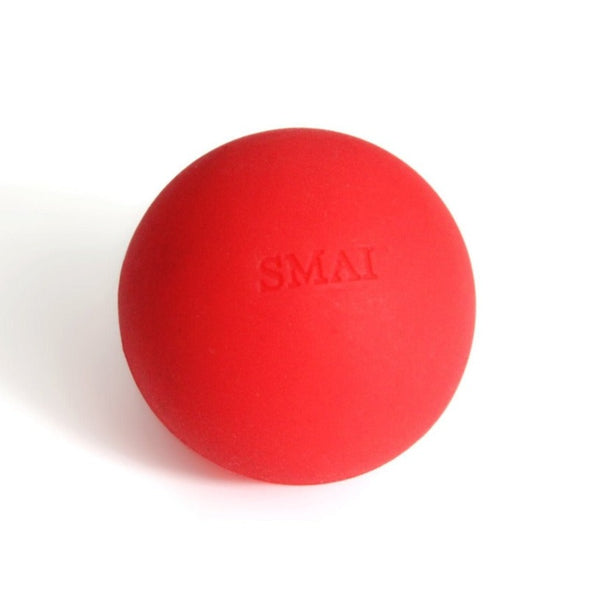 A standout piece of fitness equipment, the vibrant red Lacrosse 6.5cm Massage Ball by SMAI captures attention against a white backdrop.