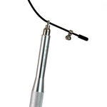 Close-up of the SMAI Speed Rope - Cross Training Silver Tapered Handle with an aluminum grip featuring a thin, adjustable steel cable at the top. The cable ends in a small cylindrical component, set against a white background.