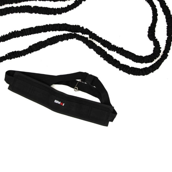 A Sale Item Sprinting Harness, featuring a black resistance belt with a connecting strap and elastic resistance bands, ideal for sprint training and enhancing explosive abilities, is spread out on a white background.