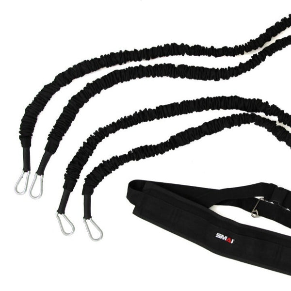 Introducing the Sprinting Harness by Sale Item, featuring black resistance bands with carabiner clips and an adjustable waist belt—perfect for enhancing explosive abilities and sprint training.