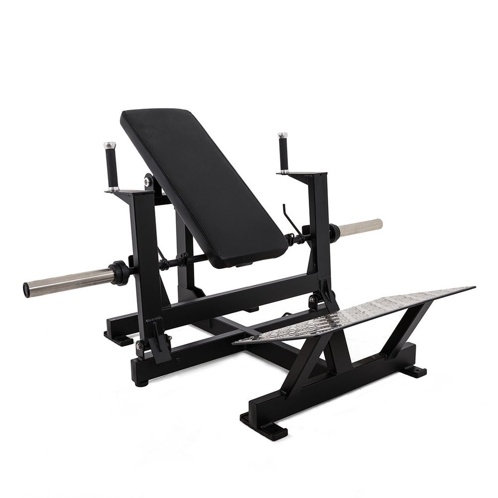 The SMAI Incline Hip Thrust Bench is a black adjustable bench with a padded backrest, sturdy metal frame, separate foot platform, and barbell holders on each side—ideal for strength training exercises.