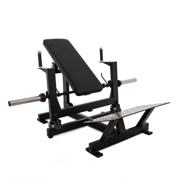 The SMAI Incline Hip Thrust Bench is a black adjustable bench with a padded backrest, sturdy metal frame, separate foot platform, and barbell holders on each side—ideal for strength training exercises.