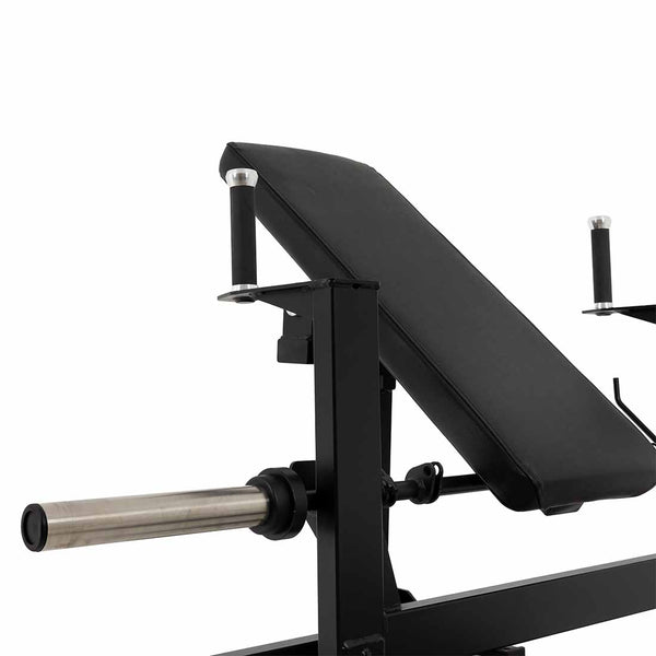 A close-up of the SMAI Incline Hip Thrust Bench, featuring a barbell rack and padded backrest at an inclined angle, designed for strength training as commercial gym equipment or hip thrust machine.