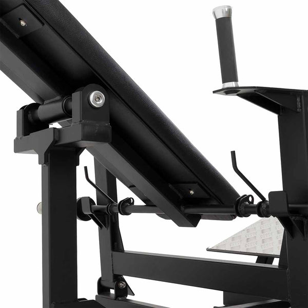 Close-up of the SMAI Incline Hip Thrust Bench features a black metal frame, angled backrest, secure handle, and adjustable parts—highlighting its sturdy construction for use as commercial hip thrust equipment.