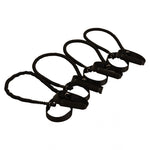 Four black resistance bands with padded grips and loops are arranged diagonally on a white background—ideal for use with the SMAI Multi Weight Bench - Dumbbell, Resistance Band and Hand Weight Set.