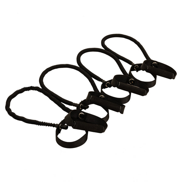 Four black resistance bands with padded grips and loops are arranged diagonally on a white background—ideal for use with the SMAI Multi Weight Bench - Dumbbell, Resistance Band and Hand Weight Set.