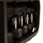 A close-up of the SMAI Multi Weight Bench – Dumbbell, Resistance Band and Hand Weight Set shows hexagonal dumbbells with metal handles neatly organized on a black rack beside the sturdy bench.