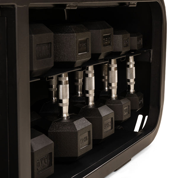 A close-up of the SMAI Multi Weight Bench – Dumbbell, Resistance Band and Hand Weight Set shows hexagonal dumbbells with metal handles neatly organized on a black rack beside the sturdy bench.