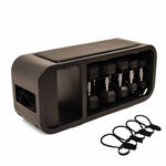 The SMAI Multi Weight Bench - Dumbbell, Resistance Band and Hand Weight Set features a black rectangular bench with an open compartment holding six dumbbells, coiled resistance bands on the side, and four more bands placed in front.