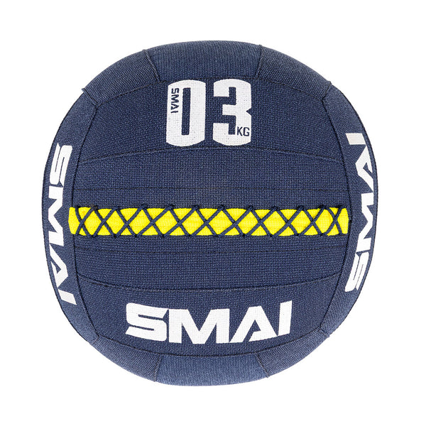 The SMAI Wall Balls - Hybrid Range is a blue 3 kg wall ball with white text, yellow crisscross center pattern, and stitched panels—perfect for hybrid strength training.
